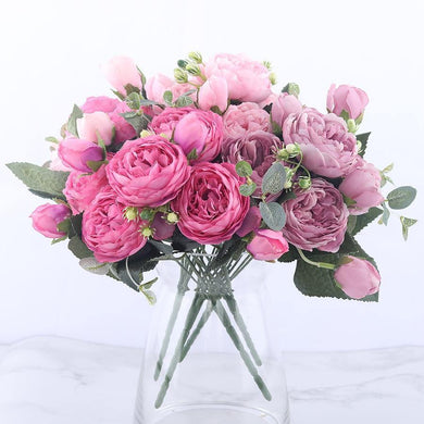 30cm Rose Pink Silk Peony Artificial Flowers Bouquet 5 Big Head and 4 Bud Cheap Fake Flowers for Home Wedding Decoration indoor - PerfectWeddingShop