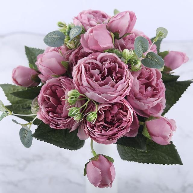 30cm Rose Pink Silk Peony Artificial Flowers Bouquet 5 Big Head and 4 Bud Cheap Fake Flowers for Home Wedding Decoration indoor - PerfectWeddingShop