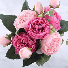 Afbeelding in Gallery-weergave laden, 30cm Rose Pink Silk Peony Artificial Flowers Bouquet 5 Big Head and 4 Bud Cheap Fake Flowers for Home Wedding Decoration indoor - PerfectWeddingShop
