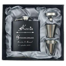 Load image into Gallery viewer, 1 Set Personalized Engraved 6oz Black Stainless Steel Hip Flask With Box Wedding Favors Best Man gift Groom gift Groomsman Gift - PerfectWeddingShop
