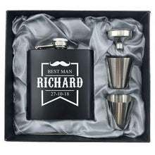 Afbeelding in Gallery-weergave laden, 1 Set Personalized Engraved 6oz Black Stainless Steel Hip Flask With Box Wedding Favors Best Man gift Groom gift Groomsman Gift - PerfectWeddingShop
